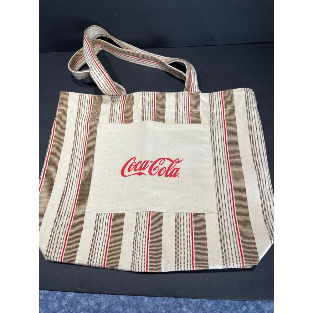 Coca-Cola Striped Canvas Tote Bag Red Logo Front Pocket Tan Cream Beach Grocery